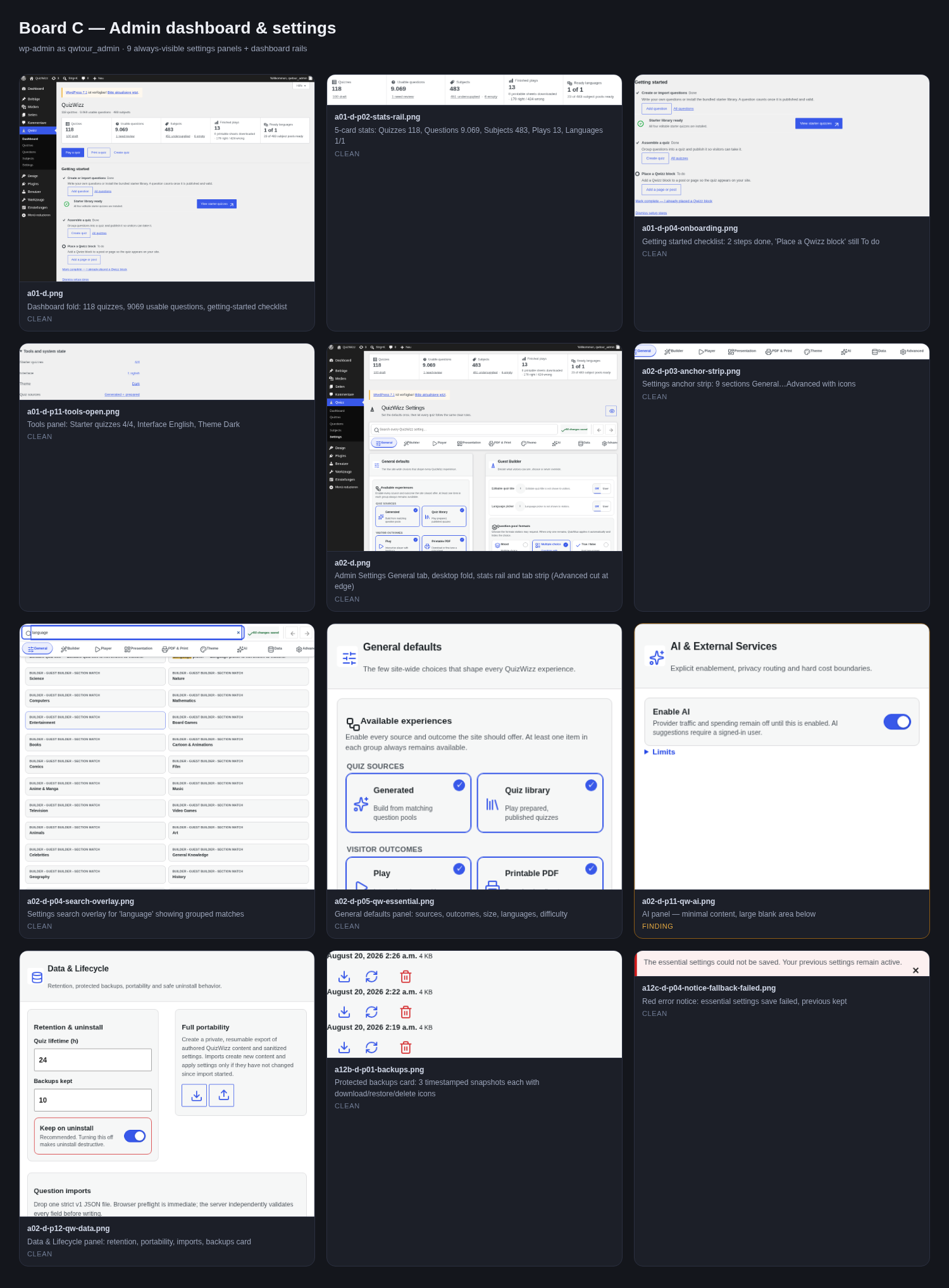 Board C — dashboard rails and the nine settings panels