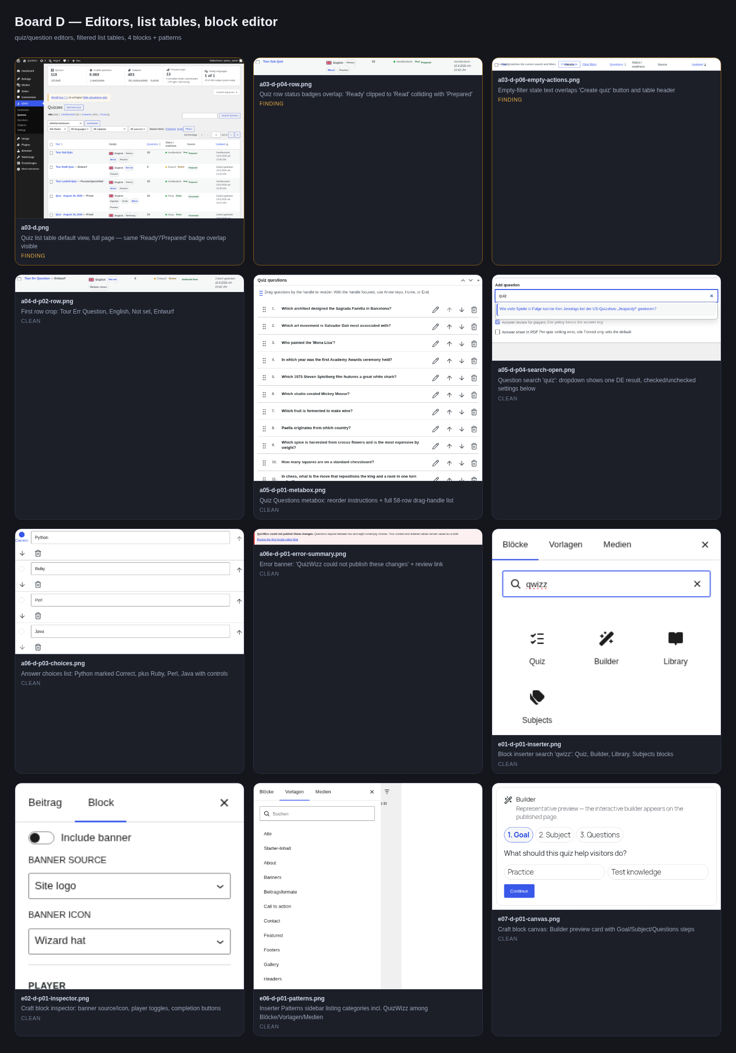 Board D — editors, filtered list tables, blocks and patterns