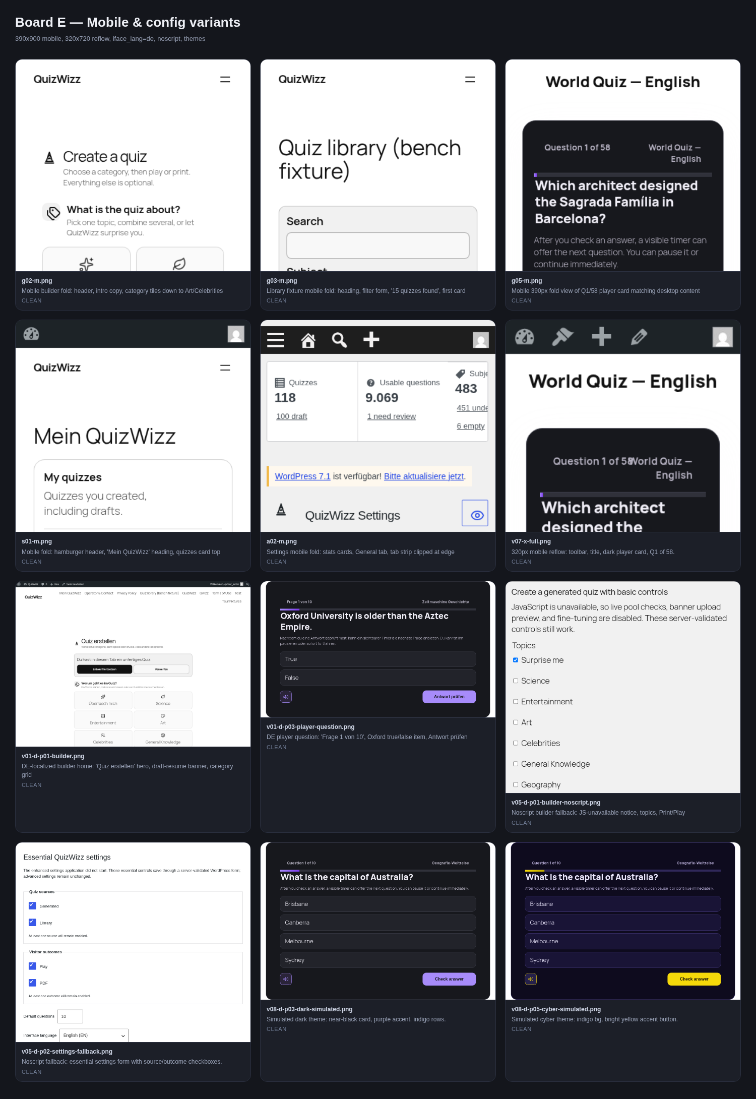Board E — mobile, 320px reflow, German UI, noscript and themes