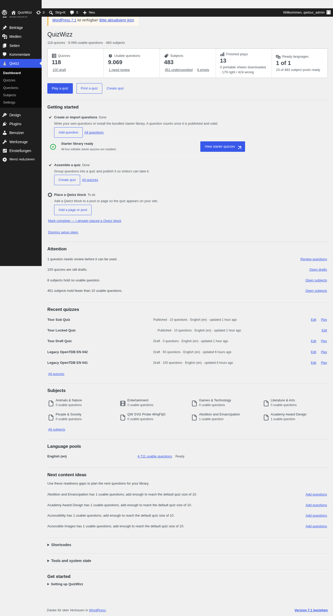 Dashboard: stats rail, onboarding, attention, recent quizzes, subjects, languages, ideas