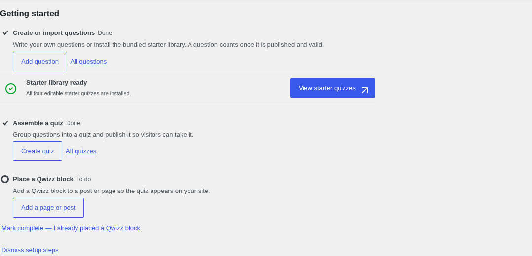 Getting started checklist: 2 steps done, 'Place a Qwizz block' still To do