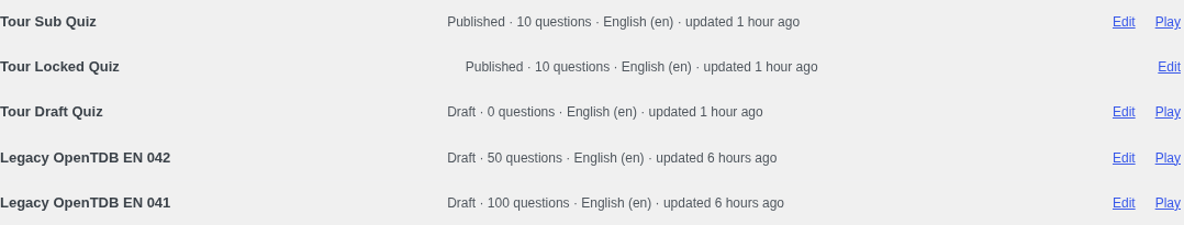 Recent quizzes table: published 'Tour Locked Quiz' row missing its Play link