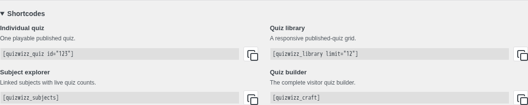 Shortcodes panel: quiz, library, subjects, builder shortcode examples w/ copy icons