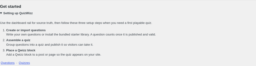 Get started > Setting up QuizWizz help panel with 3-step setup guide