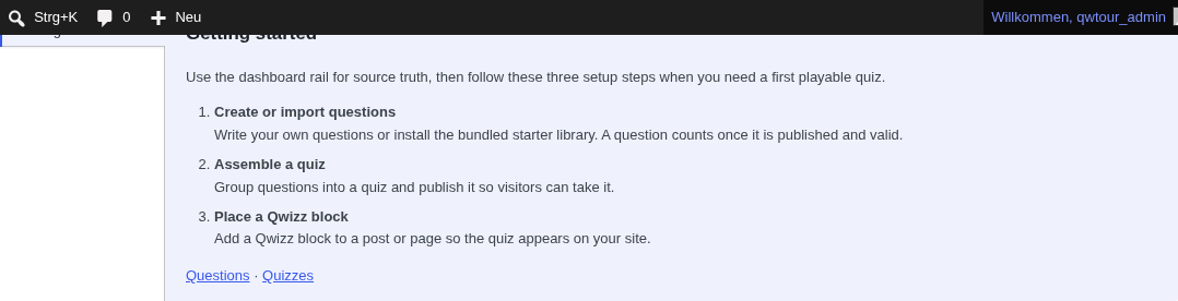 Native WP contextual Help overlay showing Getting Started content