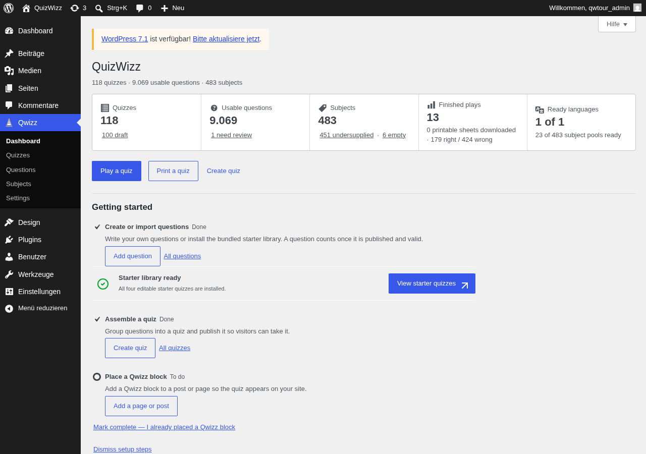 Dashboard fold: 118 quizzes, 9069 usable questions, getting-started checklist