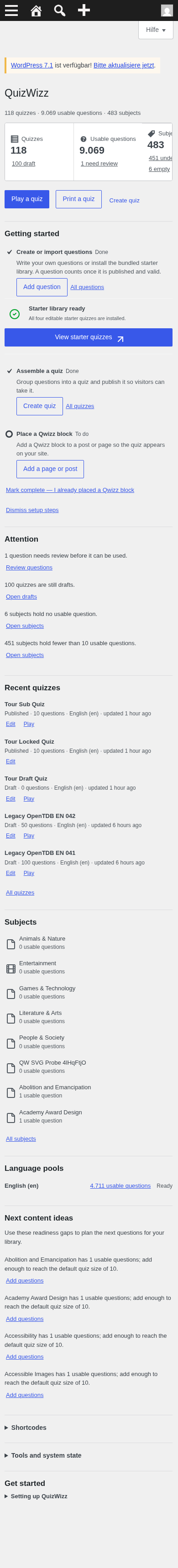 Mobile full-page dashboard: stats, getting started, attention, recent quizzes, subjects
