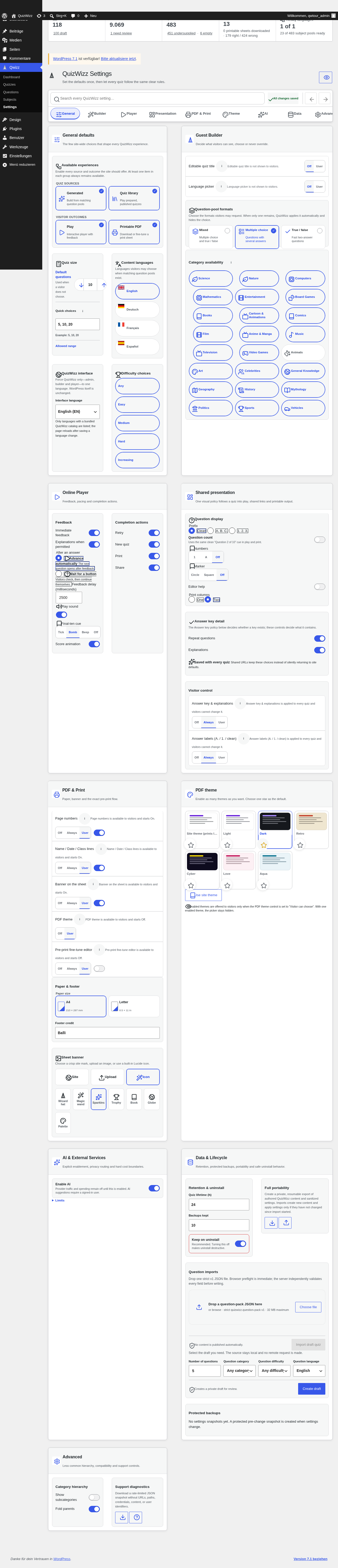 Full-height Settings page: all 9 sections stacked (Builder, Player, PDF, Theme, AI, Data)