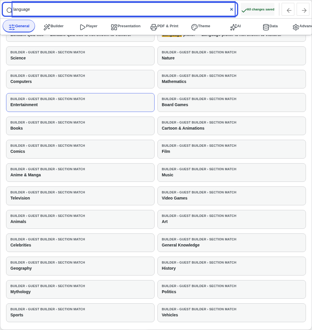 Settings search overlay for 'language' showing grouped matches