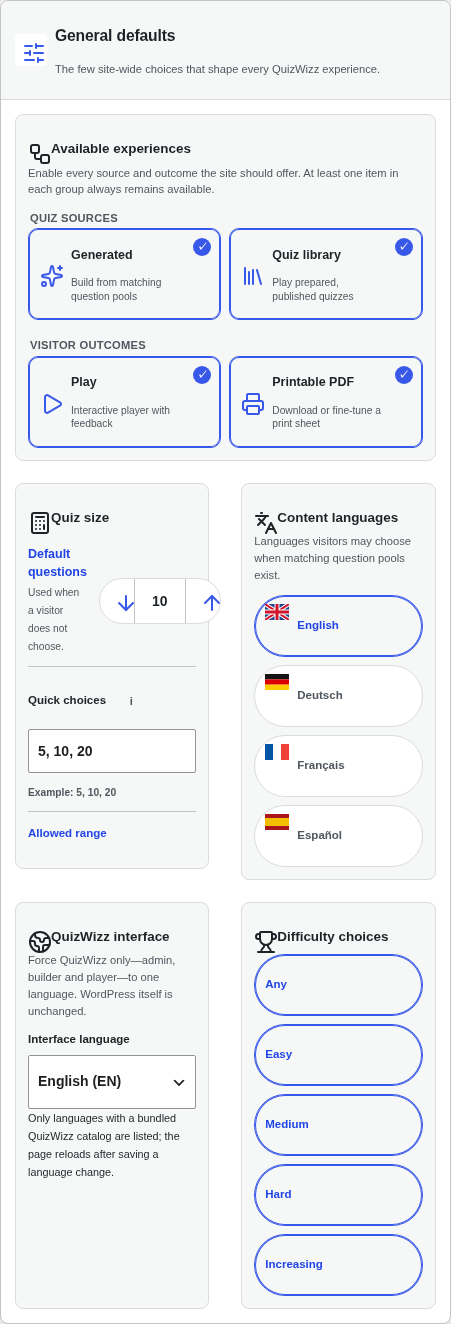 General defaults panel: sources, outcomes, size, languages, difficulty
