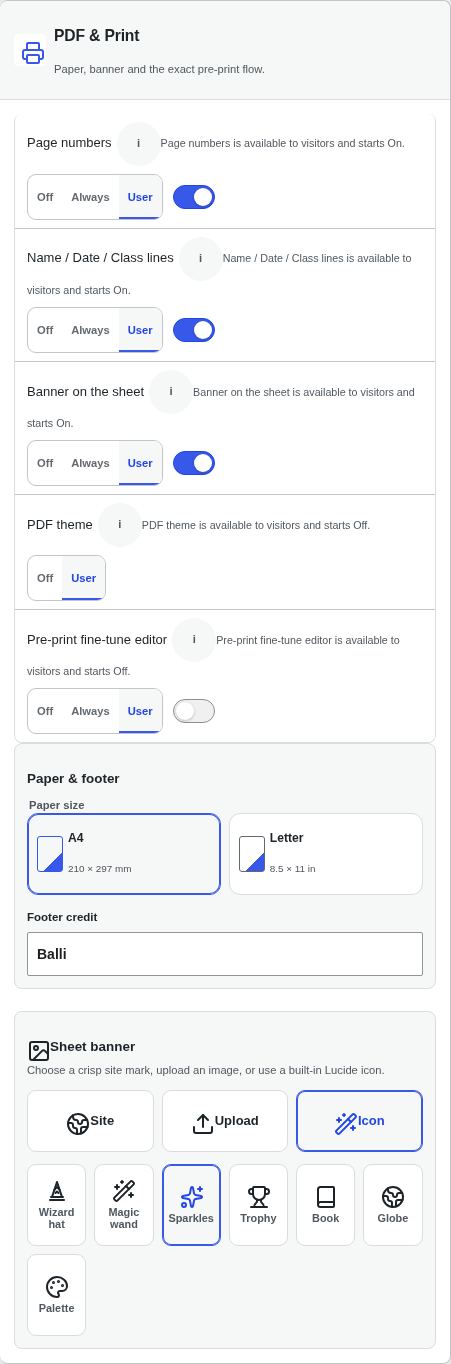 PDF & Print panel: page numbers, banner, paper size, footer, icon picker