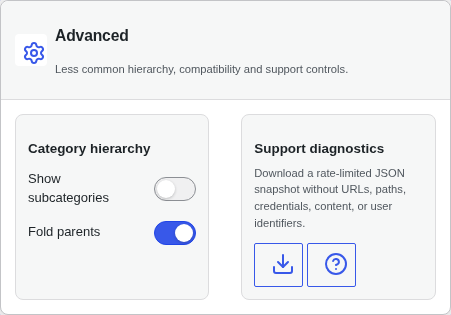 Advanced settings panel: category-hierarchy toggles and support-diagnostics JSON download