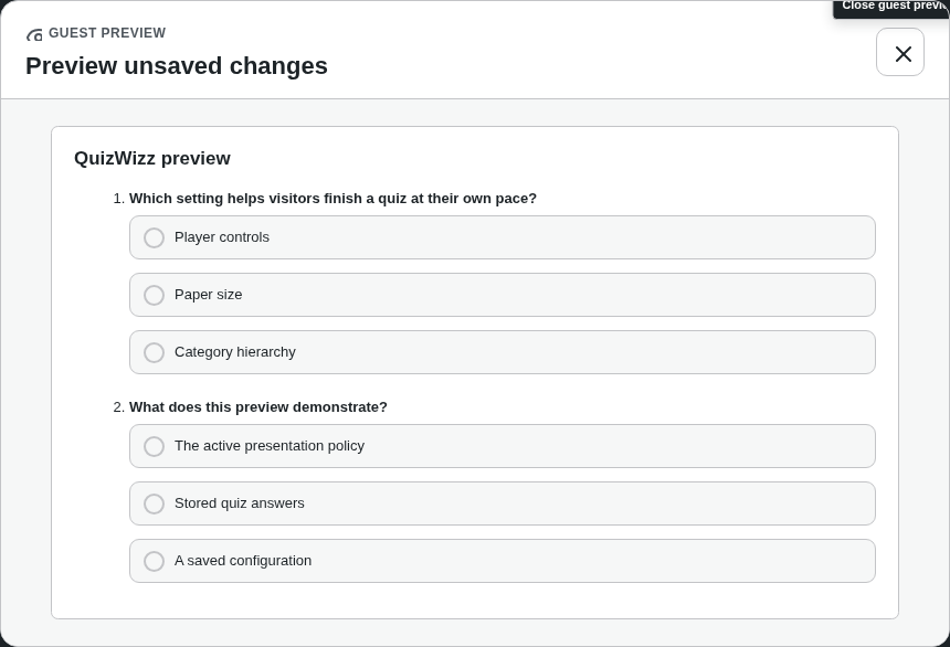 Guest Preview modal showing player mode with two sample multiple-choice questions