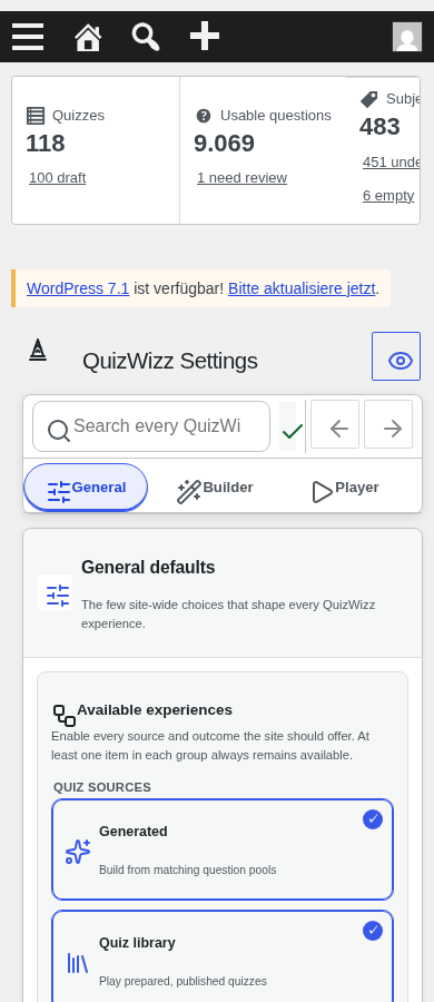 Settings mobile fold: stats cards, General tab, tab strip clipped at edge
