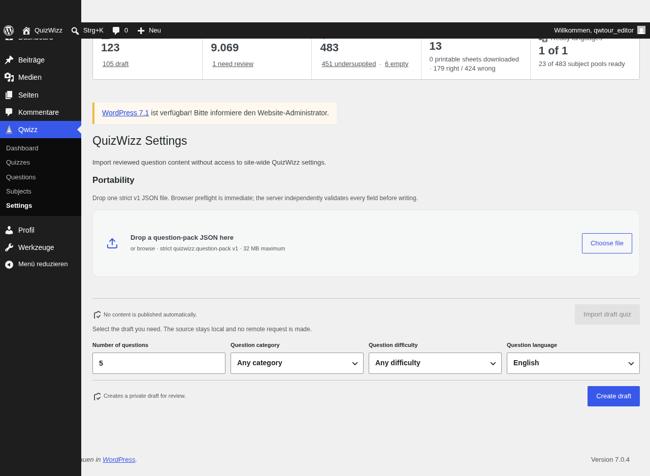 Editor-role Settings page, desktop full page: import-only Portability card, no admin tabs