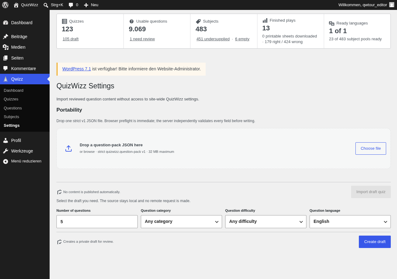 Editor-role Settings desktop fold: same import-only Portability card above the fold