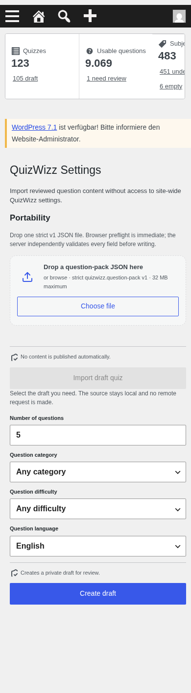 Editor-role Settings, mobile full page: stats, notice, Portability + draft form