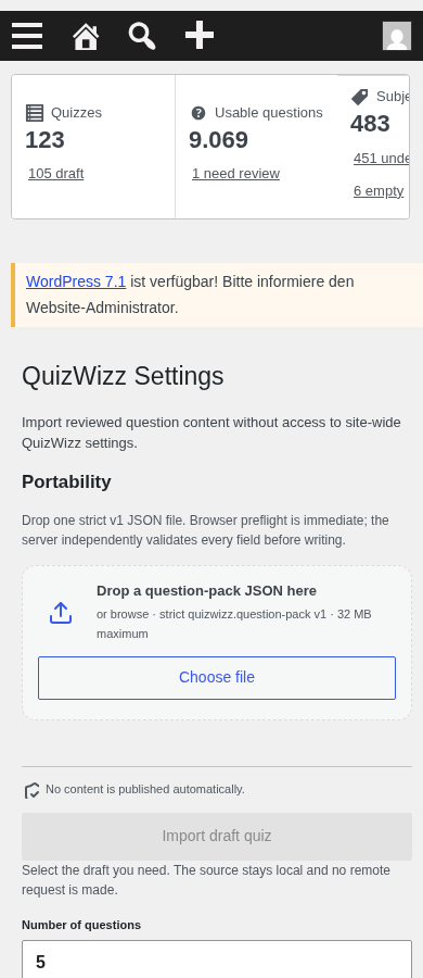 Editor-role Settings mobile fold: stats through Number of questions field