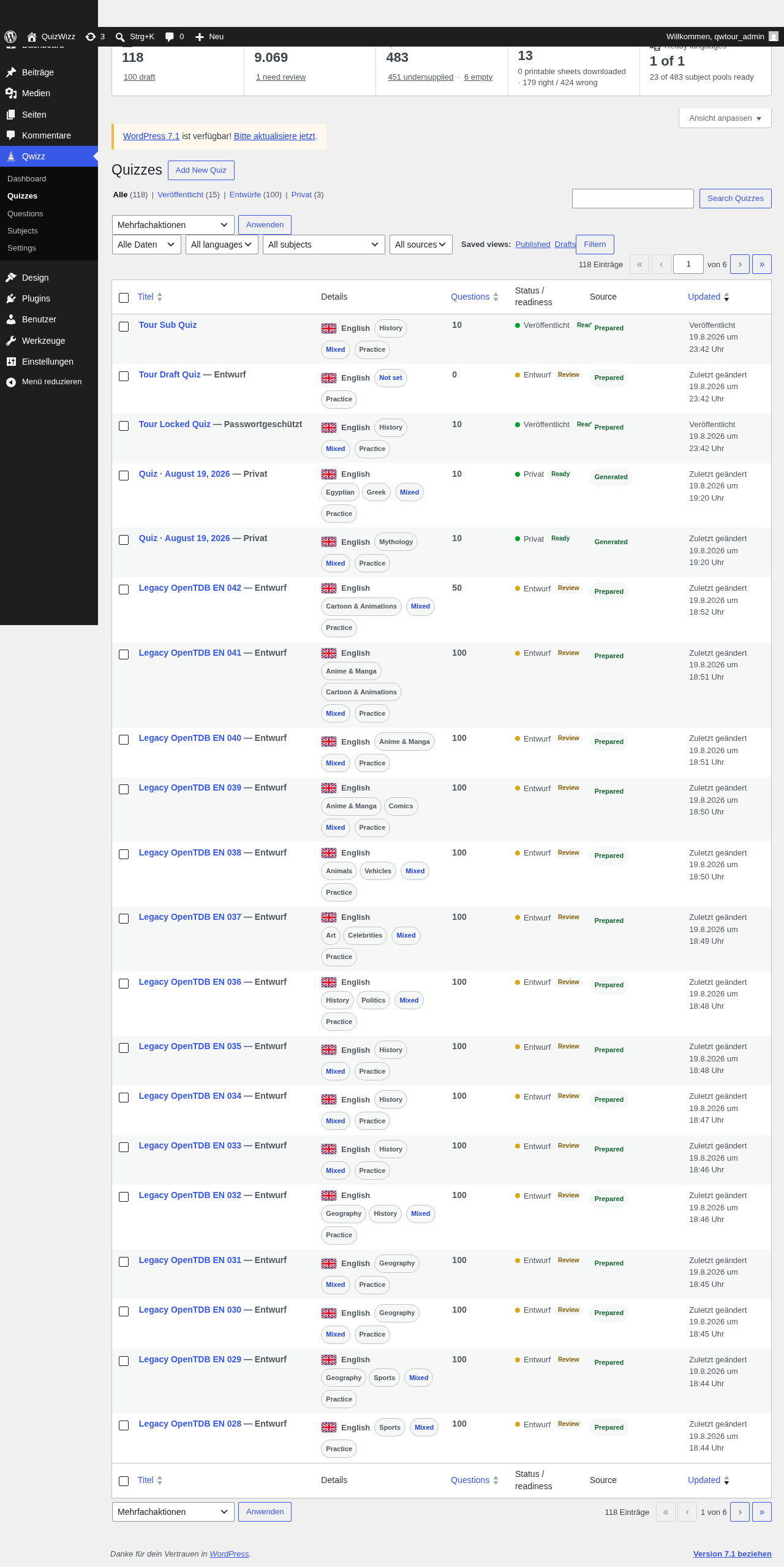 Quizzes list table, desktop full page: filters, saved views, and 118-row quiz listing