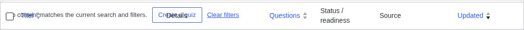 Empty-filter state text overlaps 'Create quiz' button and table header
