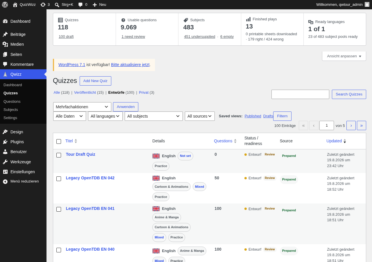Quizzes list filtered to Entwürfe (Drafts) tab, full desktop page