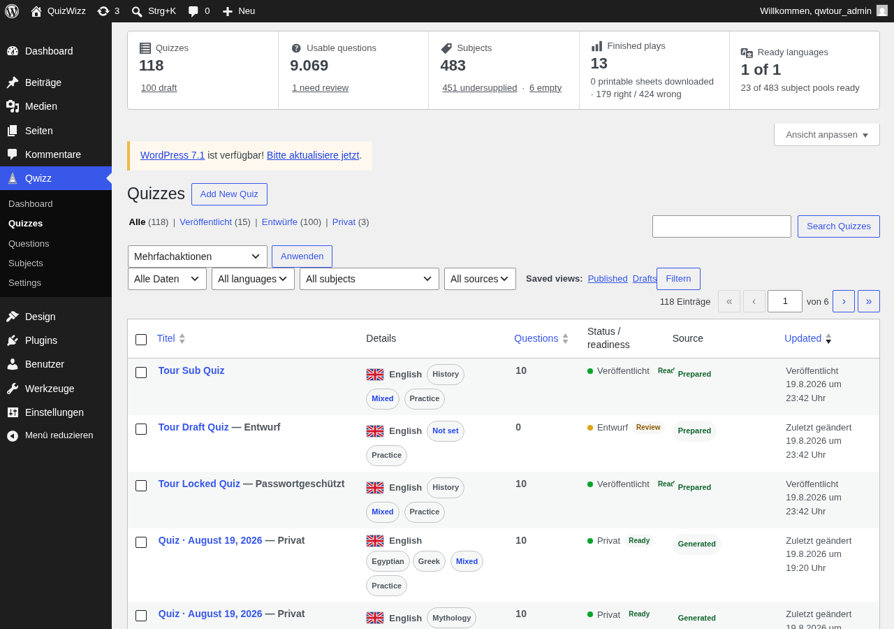 Quiz list table default view, full page — same 'Ready'/'Prepared' badge overlap visible