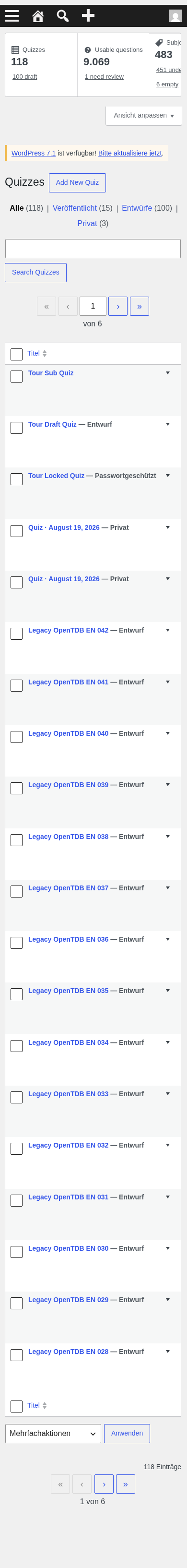 Mobile (390px) full-page quiz list with collapsed per-row action toggles