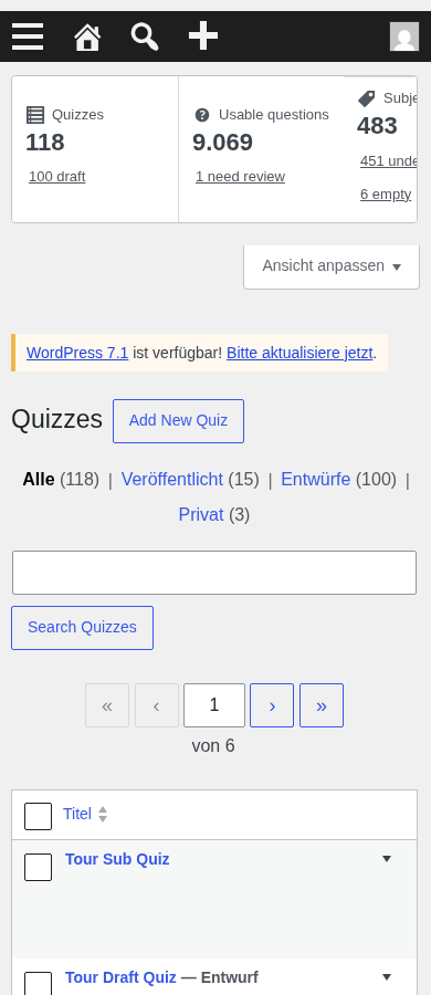 Mobile Quizzes list: stats cards, Add New Quiz, tabs, rows