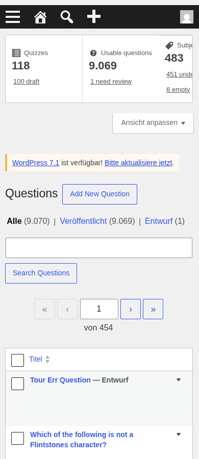Mobile fold: stats cards, heading, Add New Question, rows