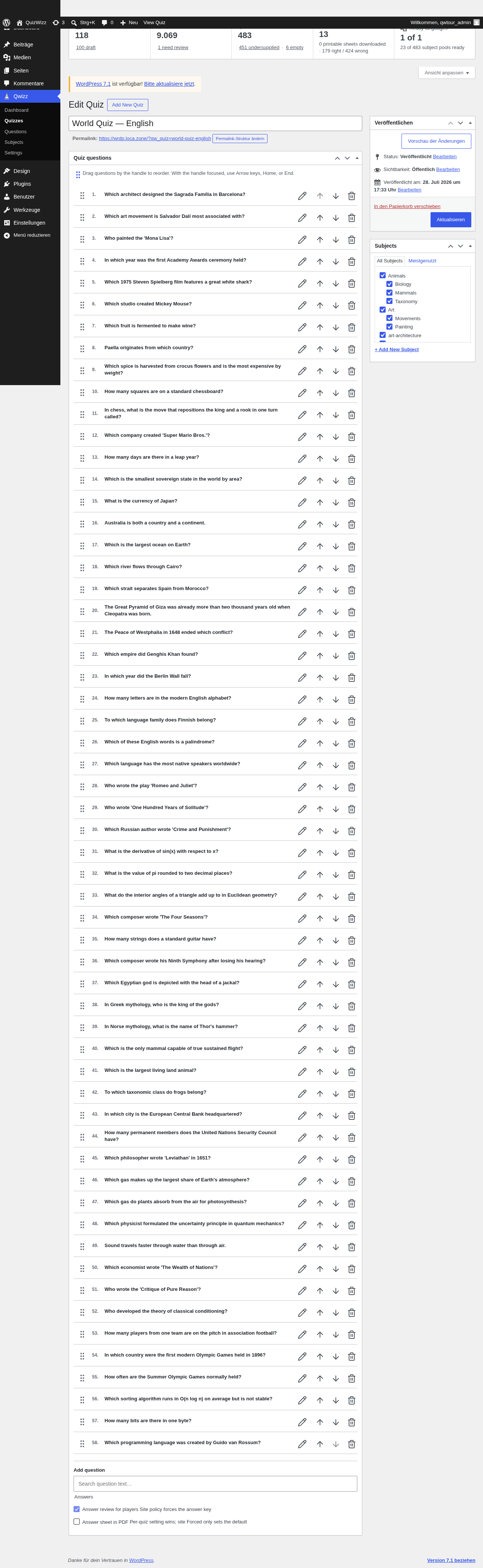 Quiz editor full page: 58-question drag list, publish box, Subjects tree sidebar