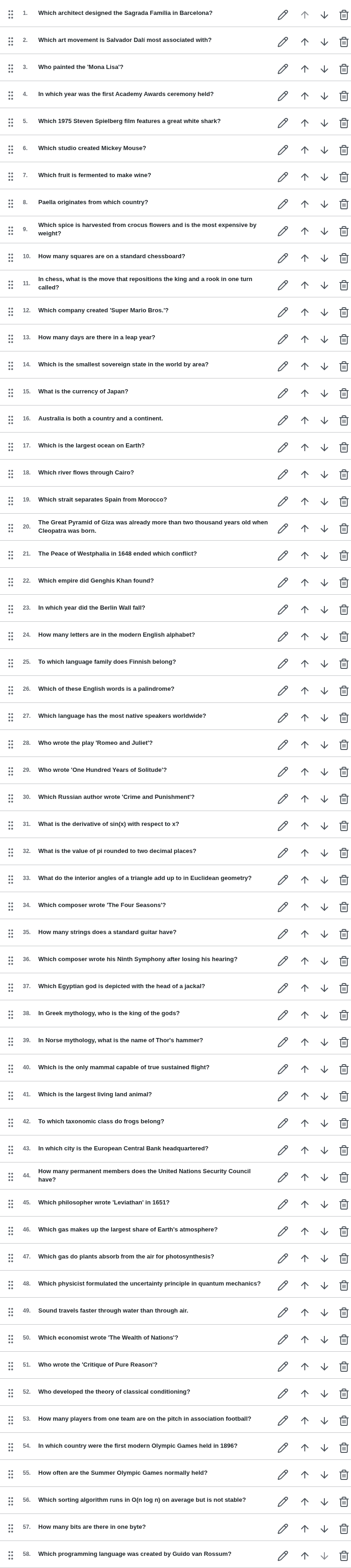 Question rows only: numbered list with edit/up/down/delete icons per row