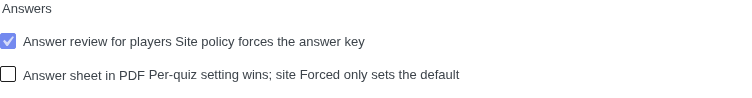 Answers fieldset: 'Answer review for players' checked, 'Answer sheet in PDF' unchecked