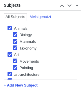 Subjects metabox: All Subjects/Meistgenutzt tabs, nested checkbox tree, Add New Subject