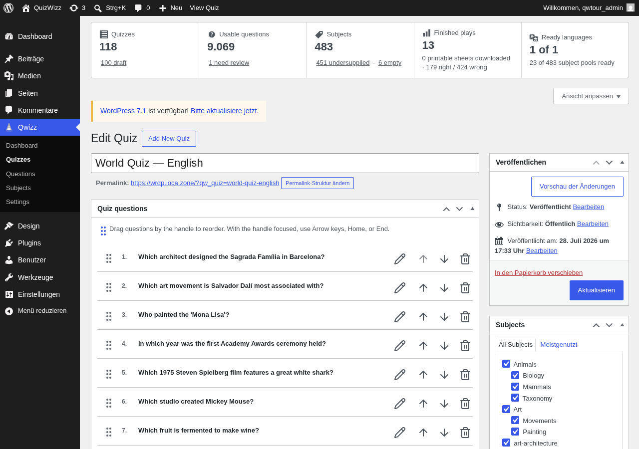 Quiz editor fold: admin bar, dashboard stats, 'World Quiz — English' title, question list