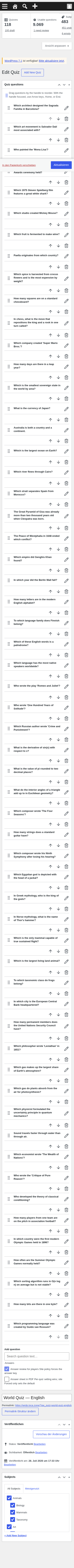 Mobile full-page quiz editor; stats cards row is horizontally clipped