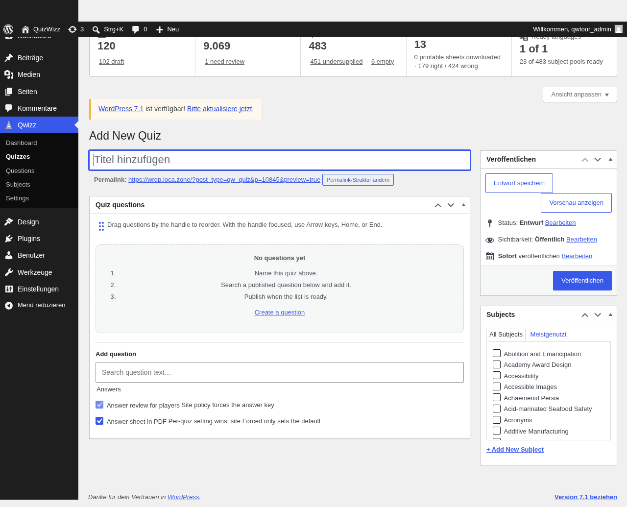 New Quiz page full-height: Quiz questions empty state + Subjects sidebar