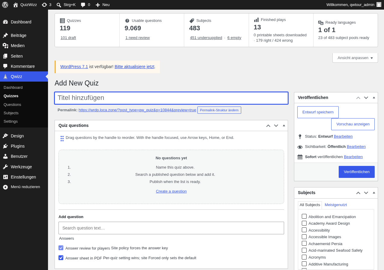 New Quiz page desktop fold showing Quiz questions panel and Answers checkboxes