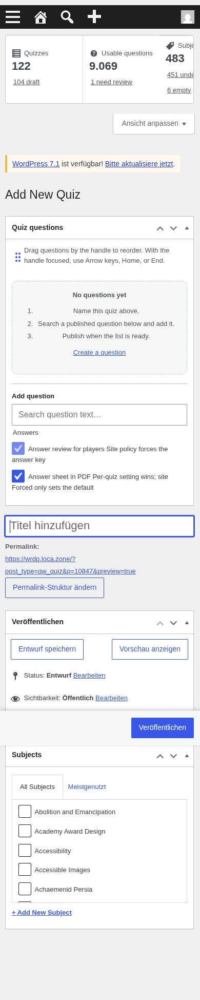 New Quiz page mobile full-height: metaboxes stacked, title field mid-page