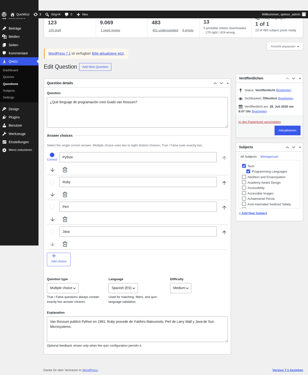 Edit Question page full-height: stem, 4 choices, type/language/difficulty, explanation