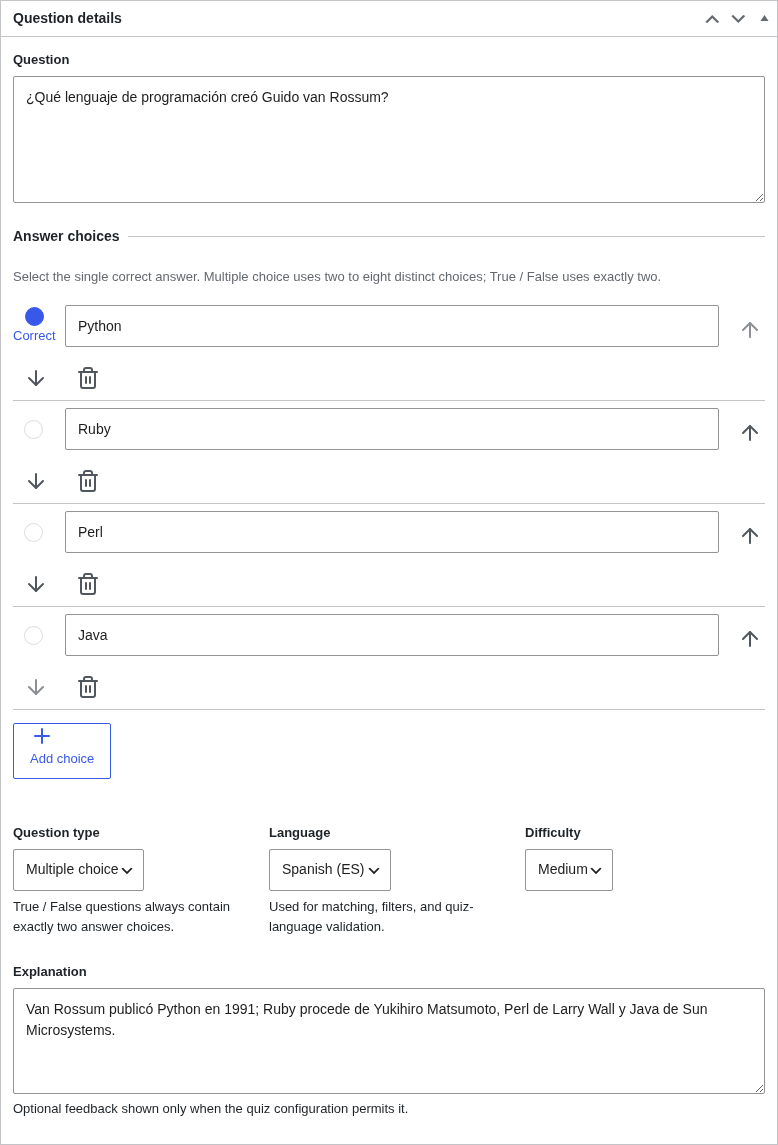 Question details metabox crop: stem textarea, answer choices, metadata dropdowns