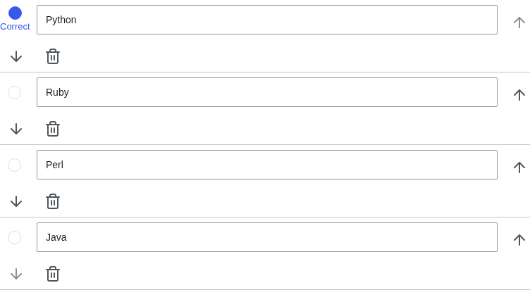 Answer choices list: Python marked Correct, plus Ruby, Perl, Java with controls