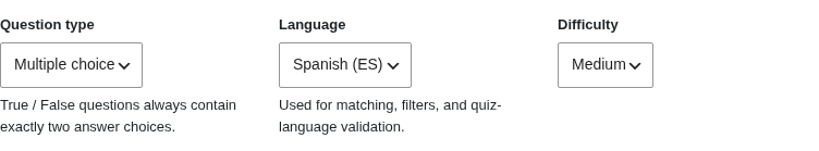 Question type/Language(Spanish)/Difficulty selects with hint text