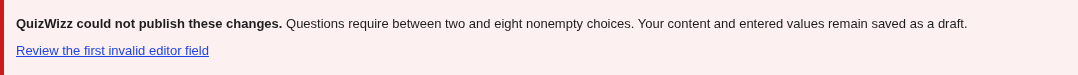 Error banner: 'QuizWizz could not publish these changes' + review link