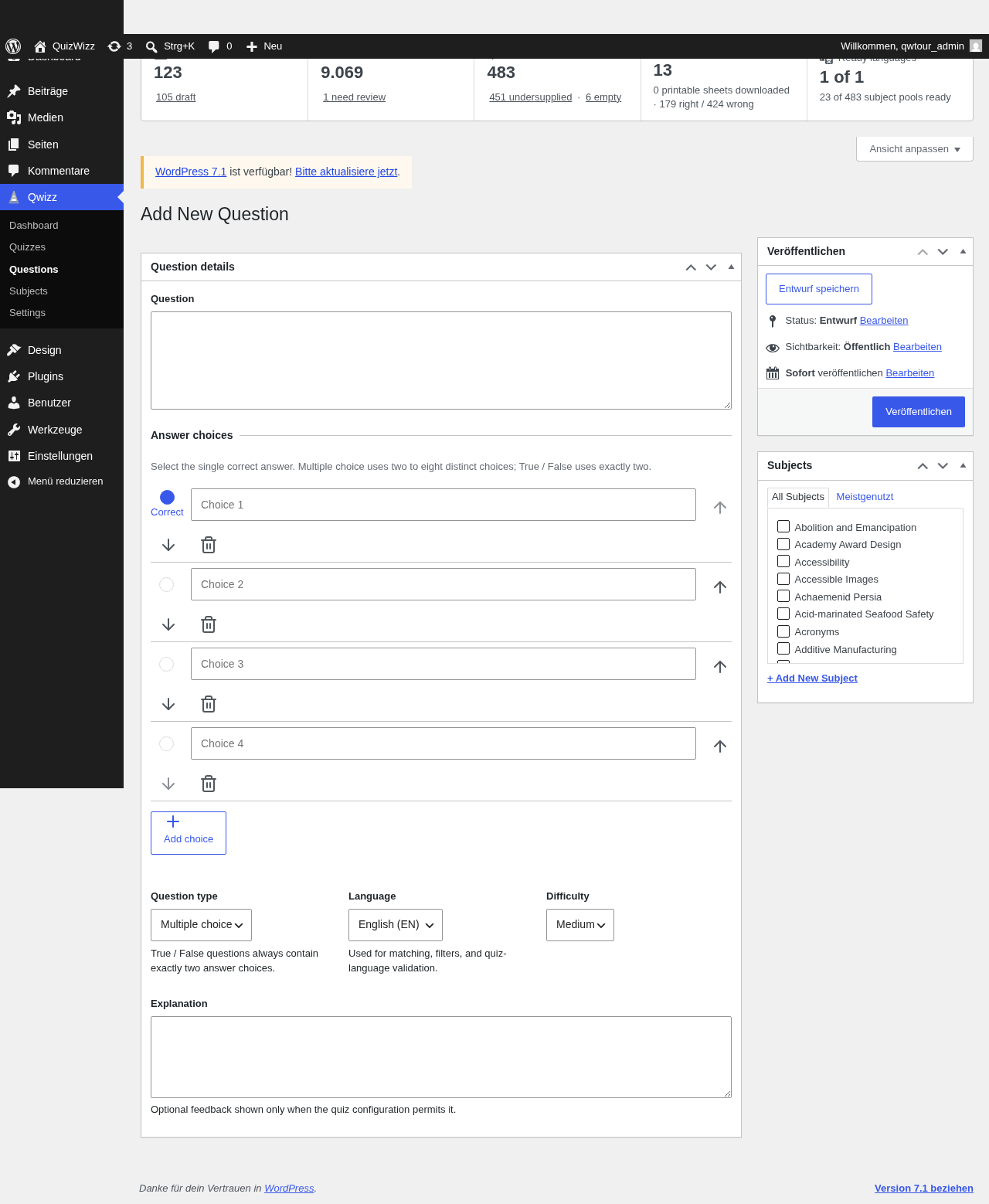 Desktop full Add New Question, draft status, empty choices/explanation