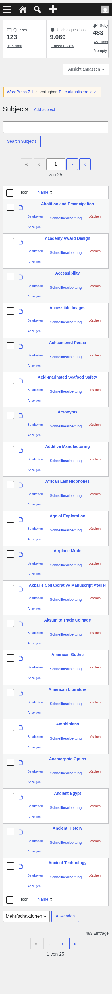 Mobile full page: stat cards then Subjects table rows with action links
