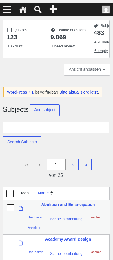 Mobile fold: icon bar, stat cards, Subjects heading, search box, table header rows