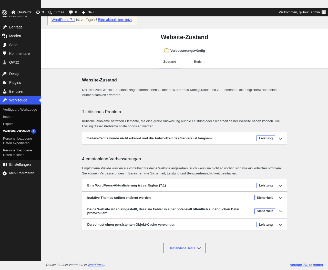 Site Health Status: 1 critical issue, 4 recommended improvements list