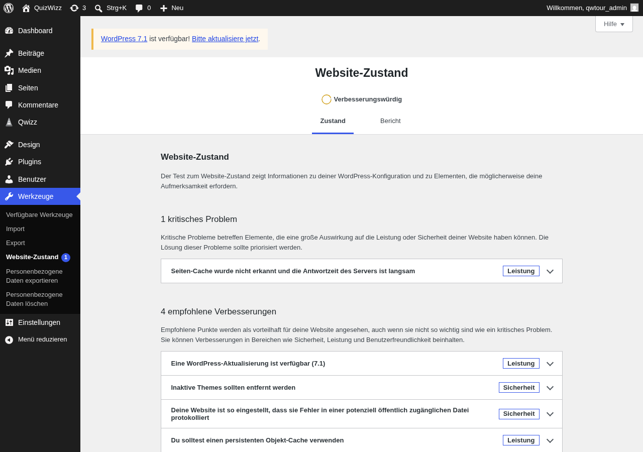 Site Health Status fold, dark admin color scheme, same issue list