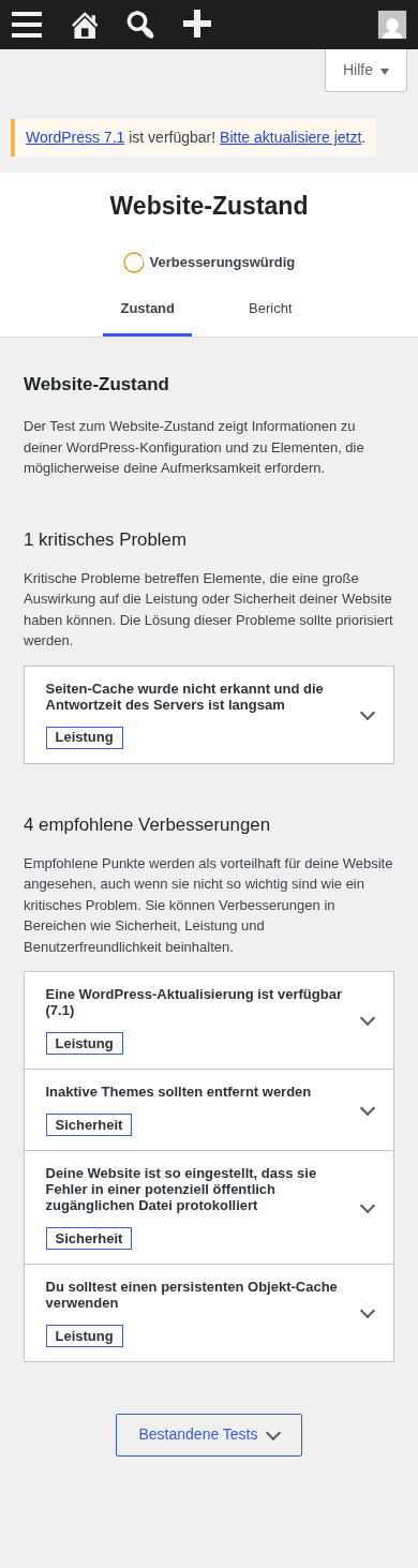 Site Health Status page, mobile viewport, full stacked-card layout