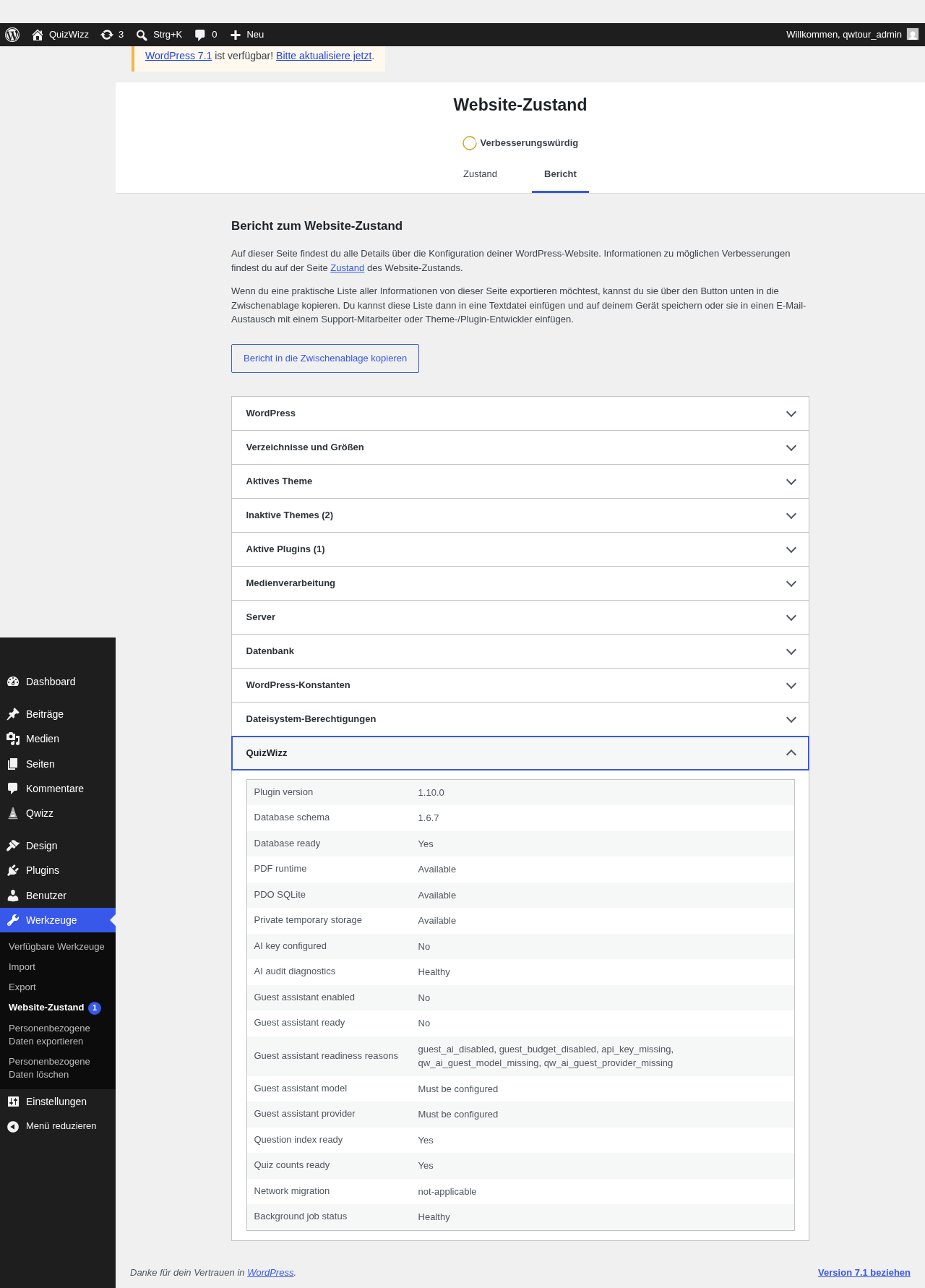 Site Health Info tab, QuizWizz section expanded: diagnostics table